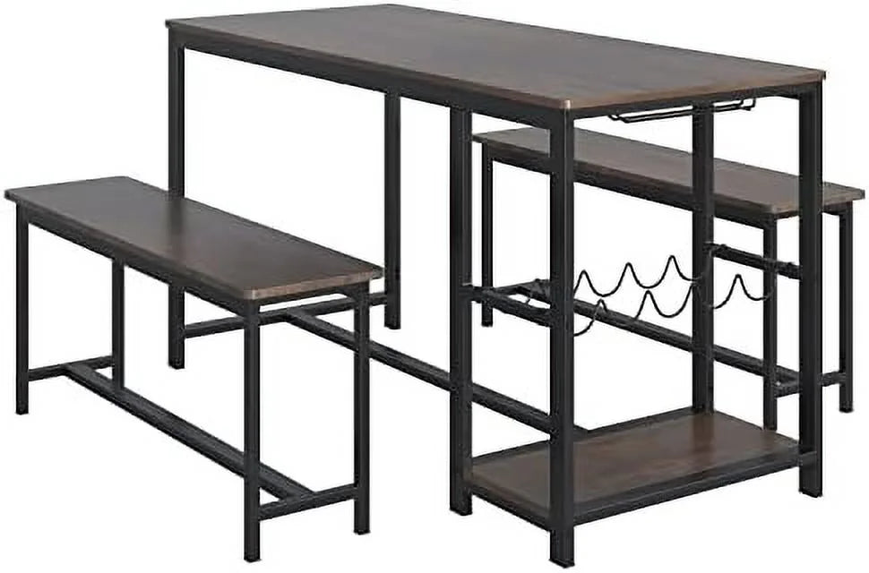 3-Piece Rustic Wood Dining Table Set with Benches A70649