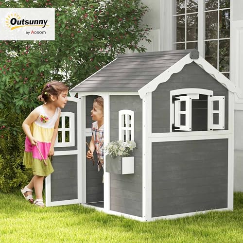 Gray Wooden Playhouse with Floor, Door, Windows & Planter Box L61736