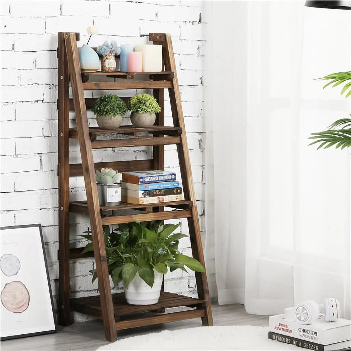 4 Tier Foldable Wooden Flower Stand Ladder Shelves L24566