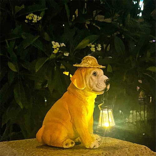 Resin Dog Statues with Straw Hat and Solar Led Lantern Z709745