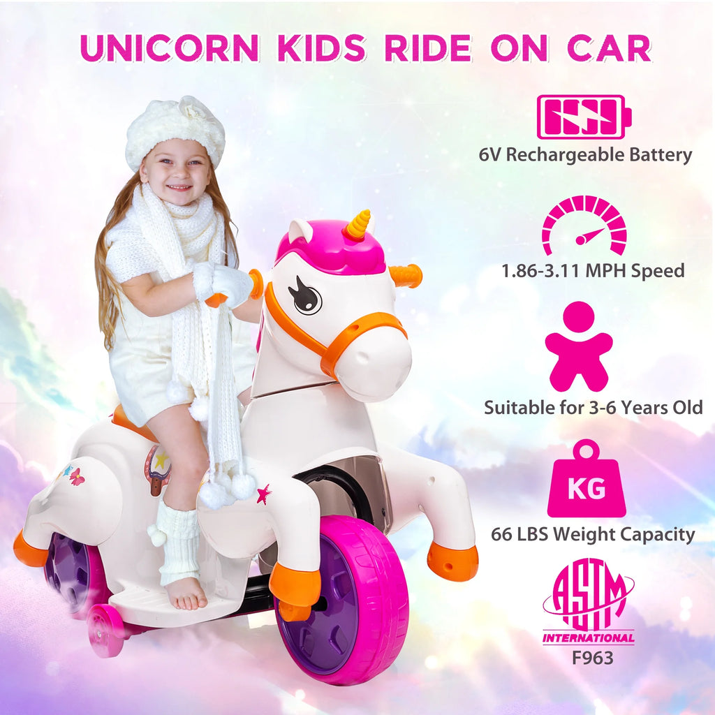 6V Unicorn Rocking Horse Toy Car with Music, Training Wheels L15891