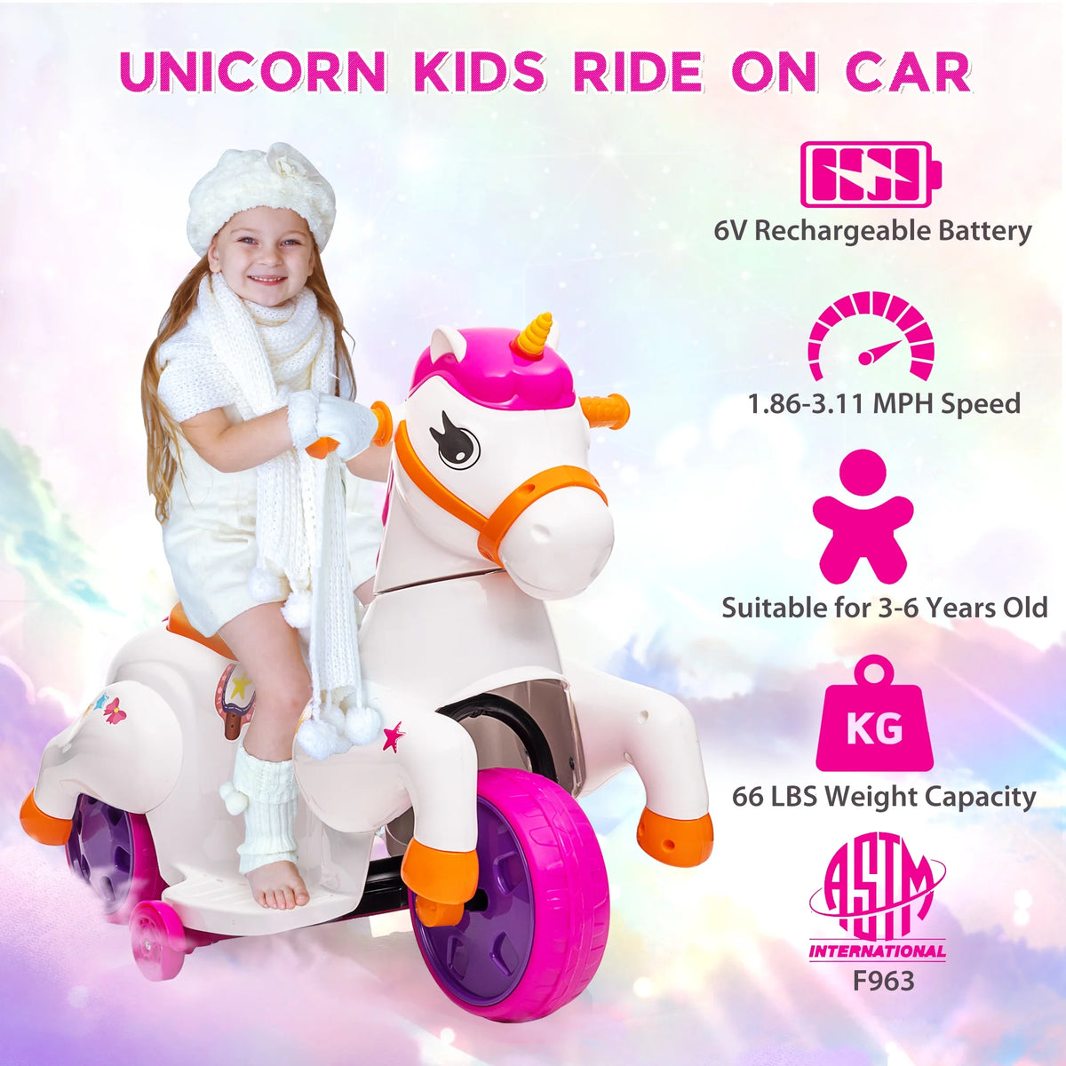 6V Unicorn Rocking Horse Toy Car with Music, Training Wheels L15891