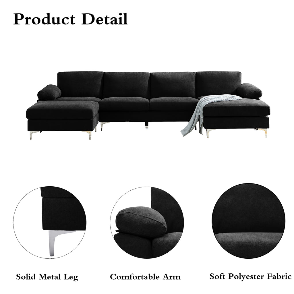 Black Polyester L-Shaped Sectional Sofa with Ottoman O2085