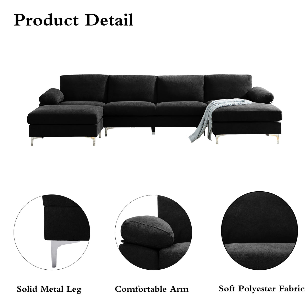 Black Polyester L-Shaped Sectional Sofa with Ottoman O2085