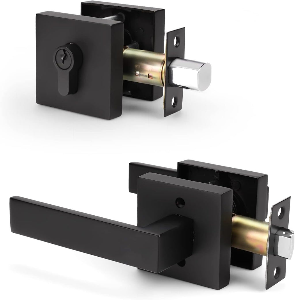 6 Pack Square Matte Black Door Handle Set with Double Keyed Deadbolt K73287