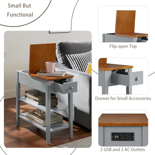 Gray Side Table with Charging Post and Storage Cabinet C8075