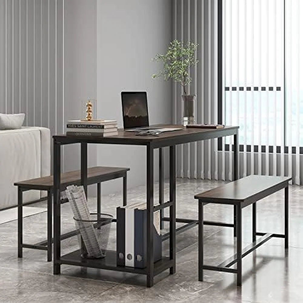 3-Piece Rustic Wood Dining Table Set with Benches A70649