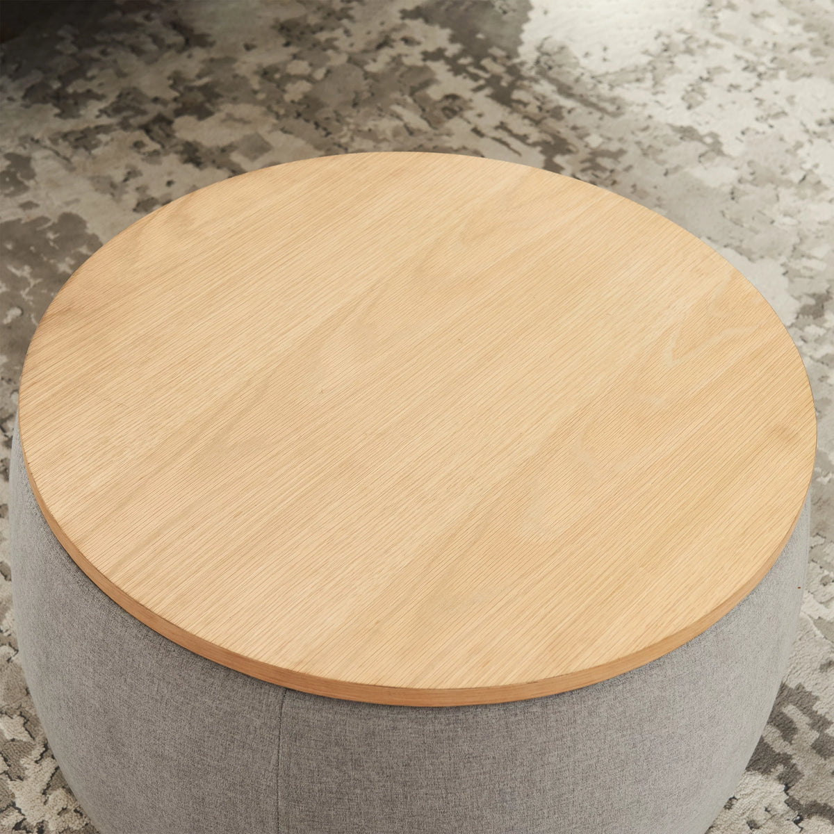 Grey Round Storage Ottoman with Wood Tray V3448