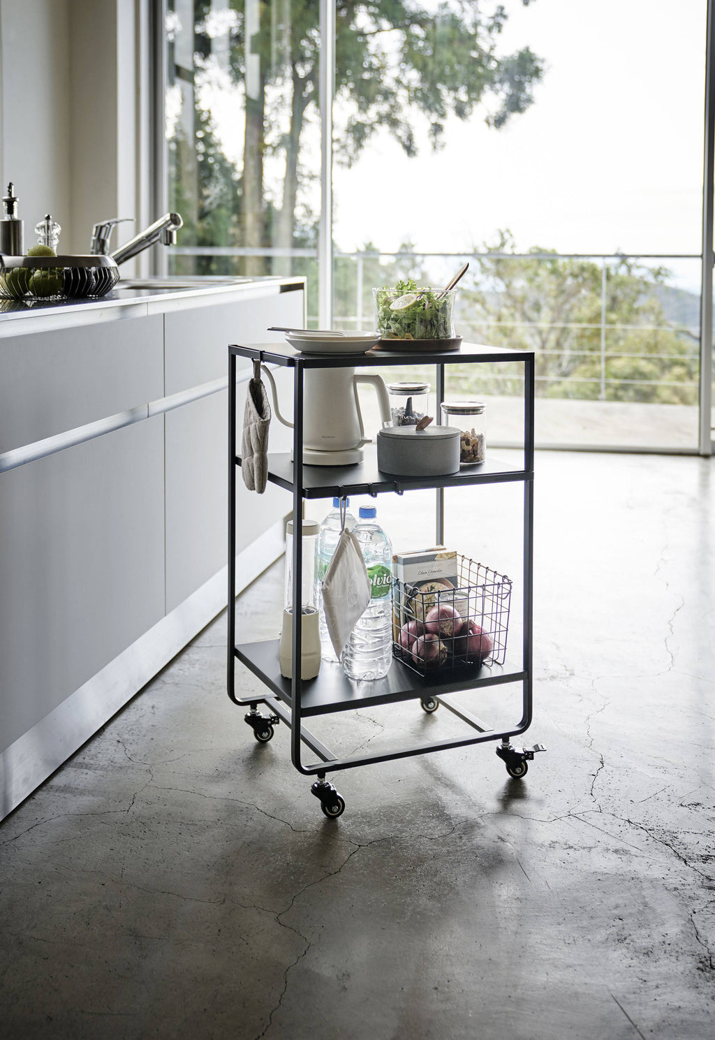 Black Steel Three-Tier Rolling Server Cart W94695