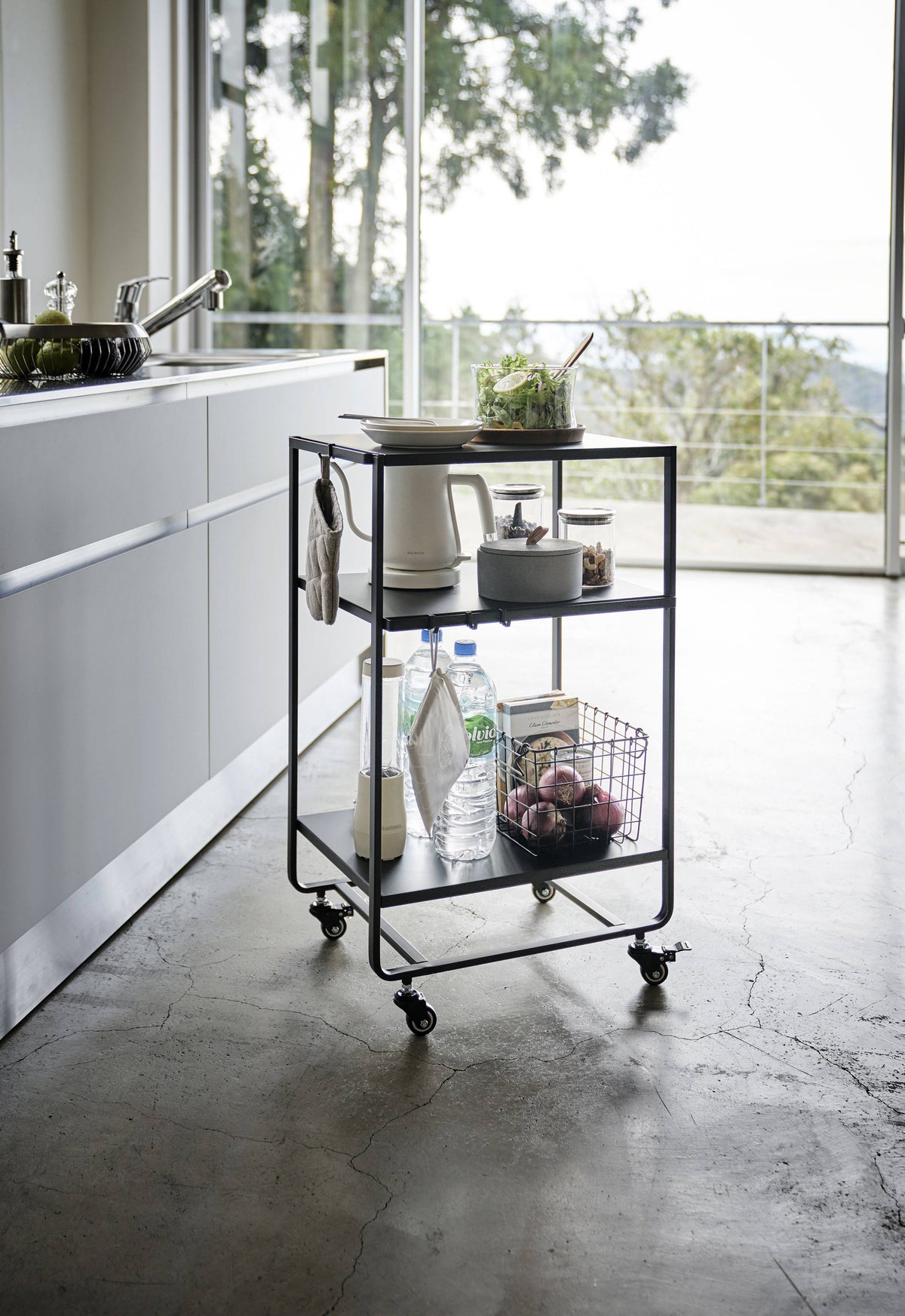 Black Steel Three-Tier Rolling Server Cart W94695