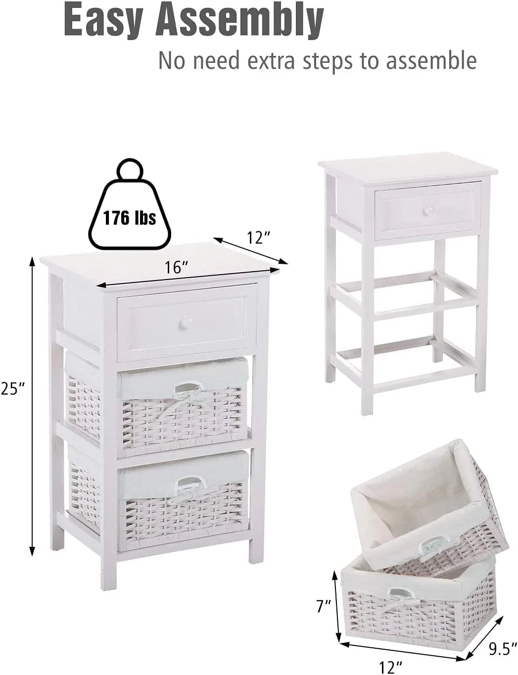 White 3 Tiers Nightstand with One Drawer 2 Baskets H4675