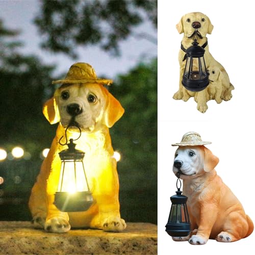 Resin Dog Statues with Straw Hat and Solar Led Lantern Z709745