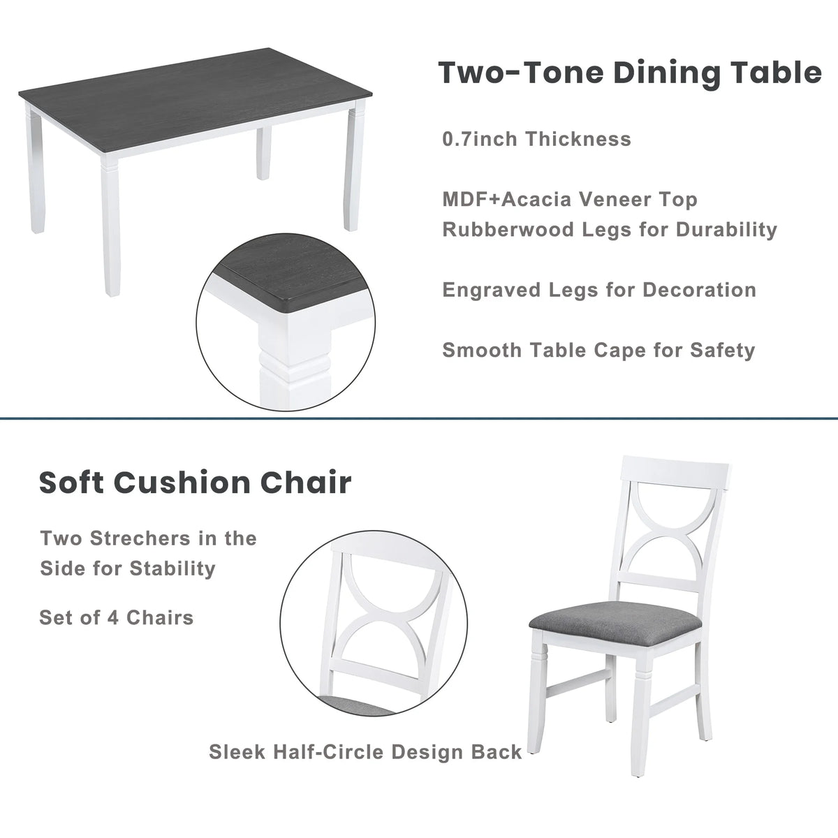 6 Piece Dining Table Set with 4 Chairs and Upholstered Bench A7041
