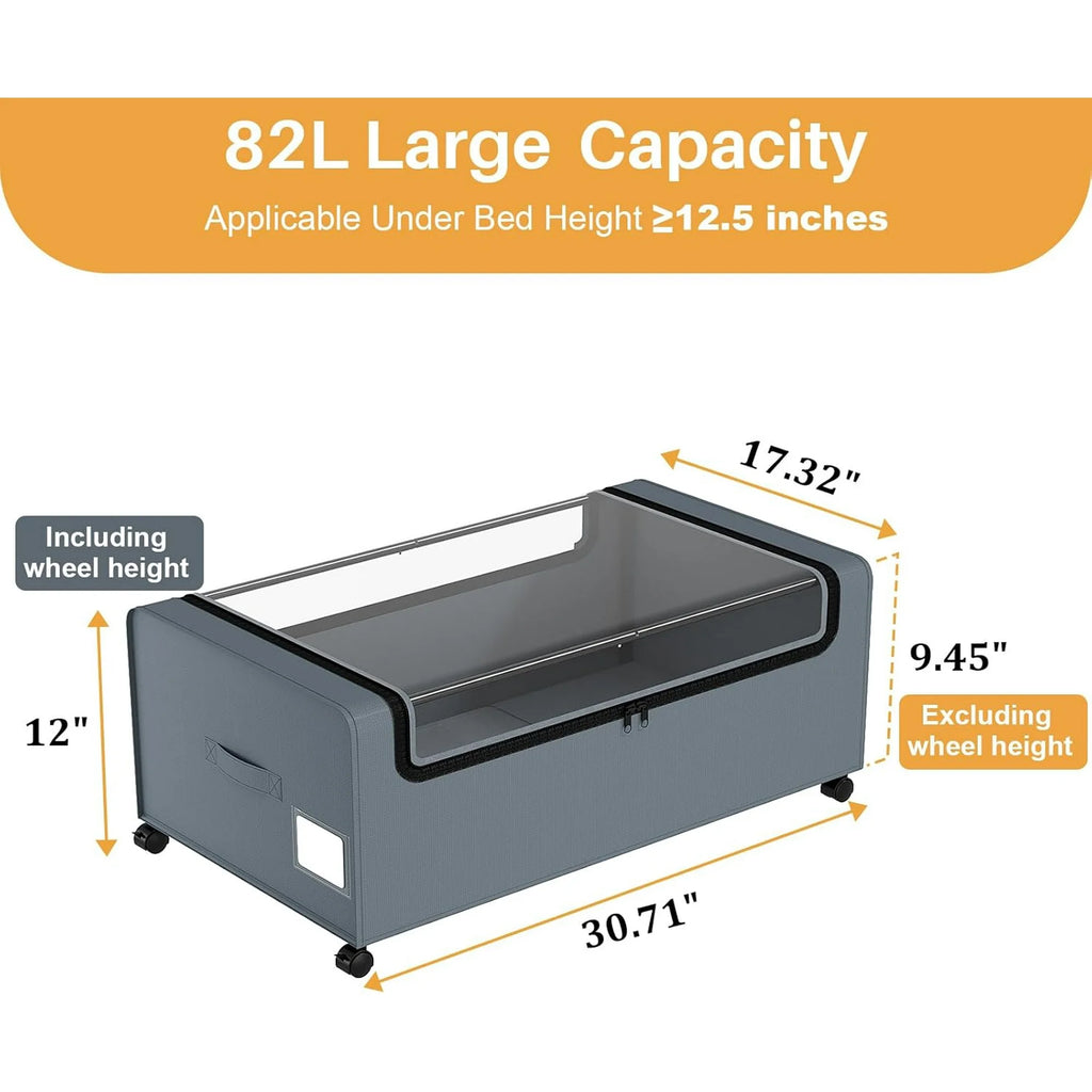 12 inch Under Bed Storage Bins with Clear Lid, Wheels, 2 Pack, Grey, 30.7x17.3x12 Y6674