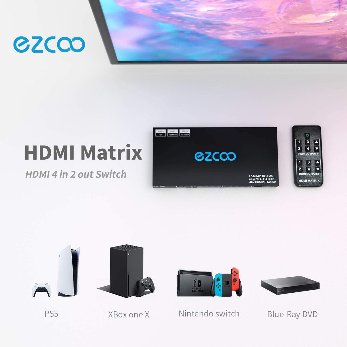 HDMI Matrix 4 In 2 Out 4K 60Hz HDR 10 SPDIF 5.1CH Audio Extractor G303