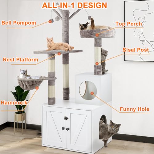 2-in-1 Wooden Cat Tree Tower with Litter Box Enclosure H70553
