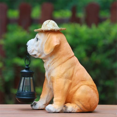 Resin Dog Statues with Straw Hat and Solar Led Lantern Z709745