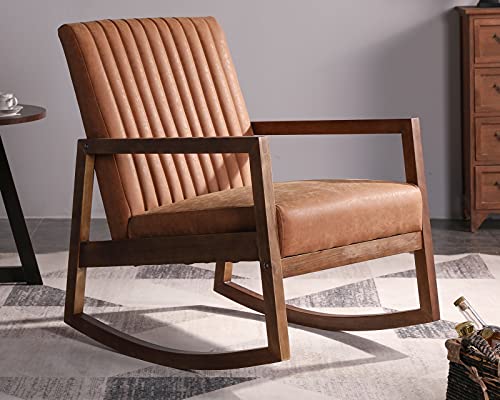 Leather Rocking Chair with Padded Seat Wood Frame Dark Brown PU I2617