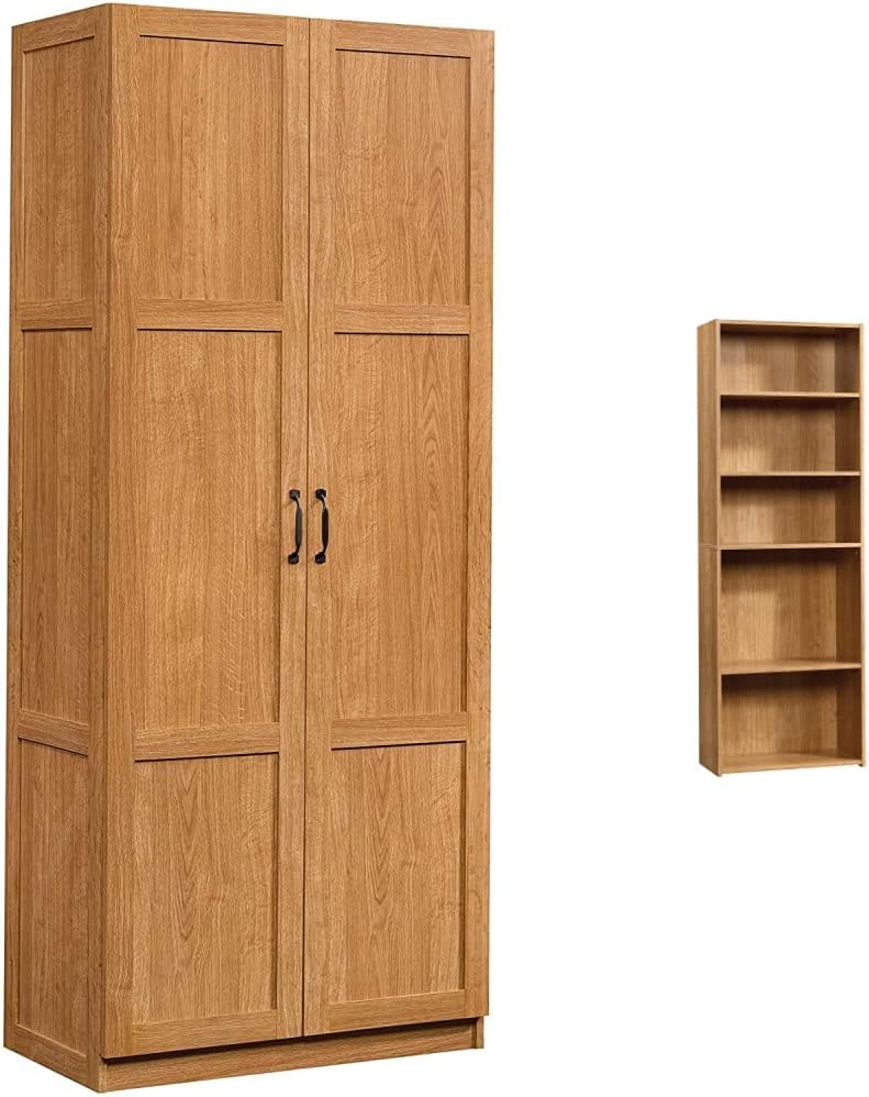 Highland Oak Pantry Cabinet and 5 Shelf Bookcase T657