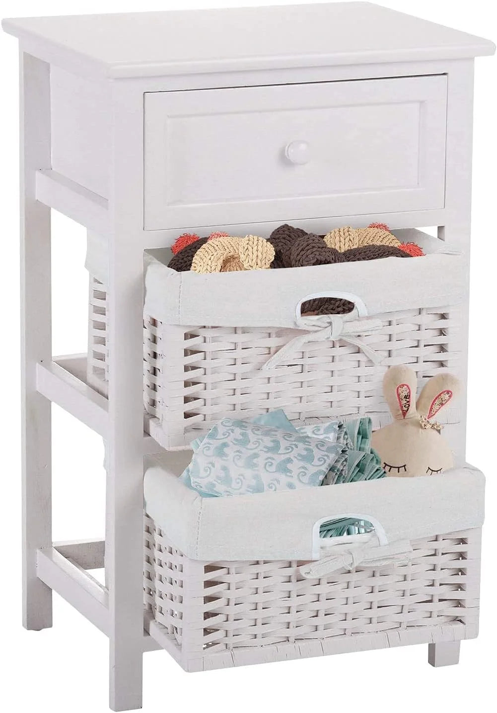White 3 Tiers Nightstand with One Drawer 2 Baskets H4675