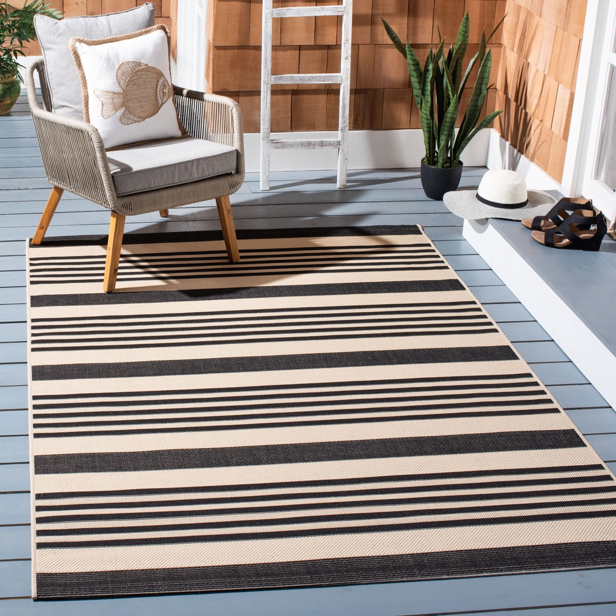 Black/Bone Striped Square Indoor/Outdoor Area Rug Y906