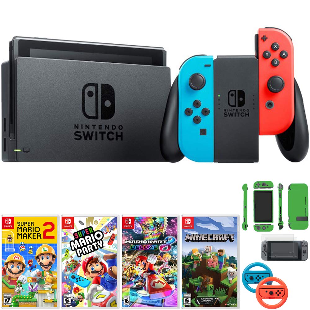 32 GB Console with Neon Blue & Red Joy-Con Bundle with Mario Kart 8 Deluxe + Super Mario Party + Super Mario Maker 2 + Minecraft D26463