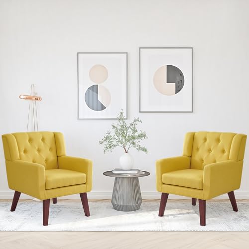 Beige Set of 2 Linen Fabric Button-Tufted Accent Chair C216