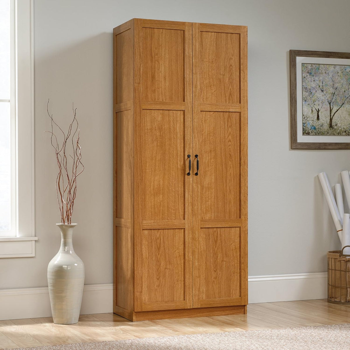 Highland Oak Pantry Cabinet and 5 Shelf Bookcase T657