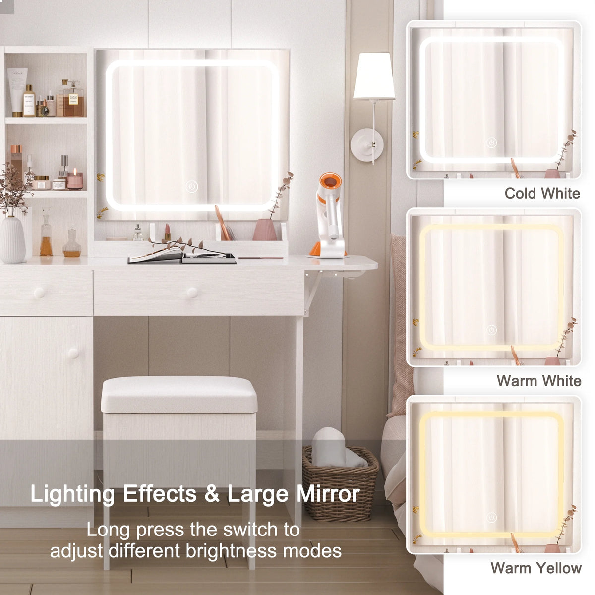 White Vanity Desk with Lighted Mirror and Storage Stool T93723