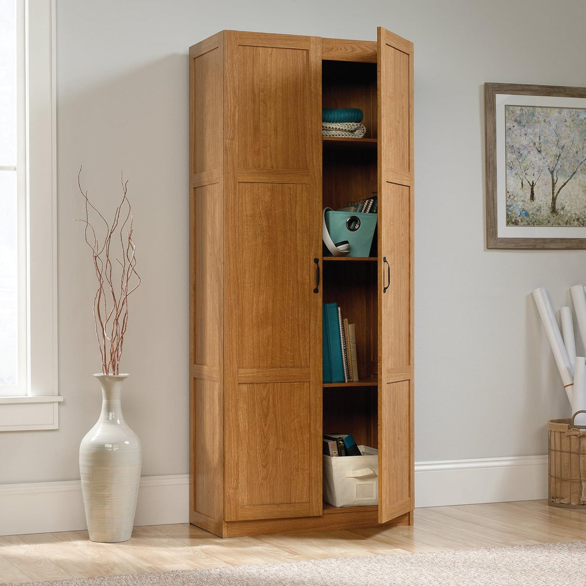 Highland Oak Pantry Cabinet and 5 Shelf Bookcase T657