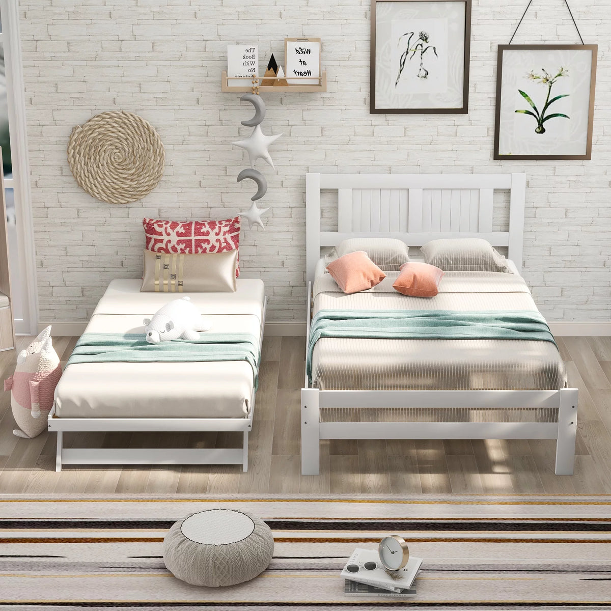 Platform Bed with Adjustable Trundle, Solid Wood, Headboard K652