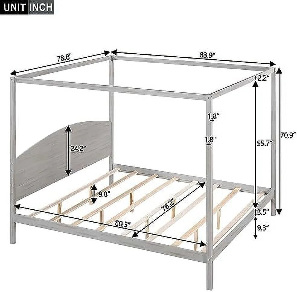 White Queen Size 4-Poster Wood Canopy Bed Frame with Headboard B814245