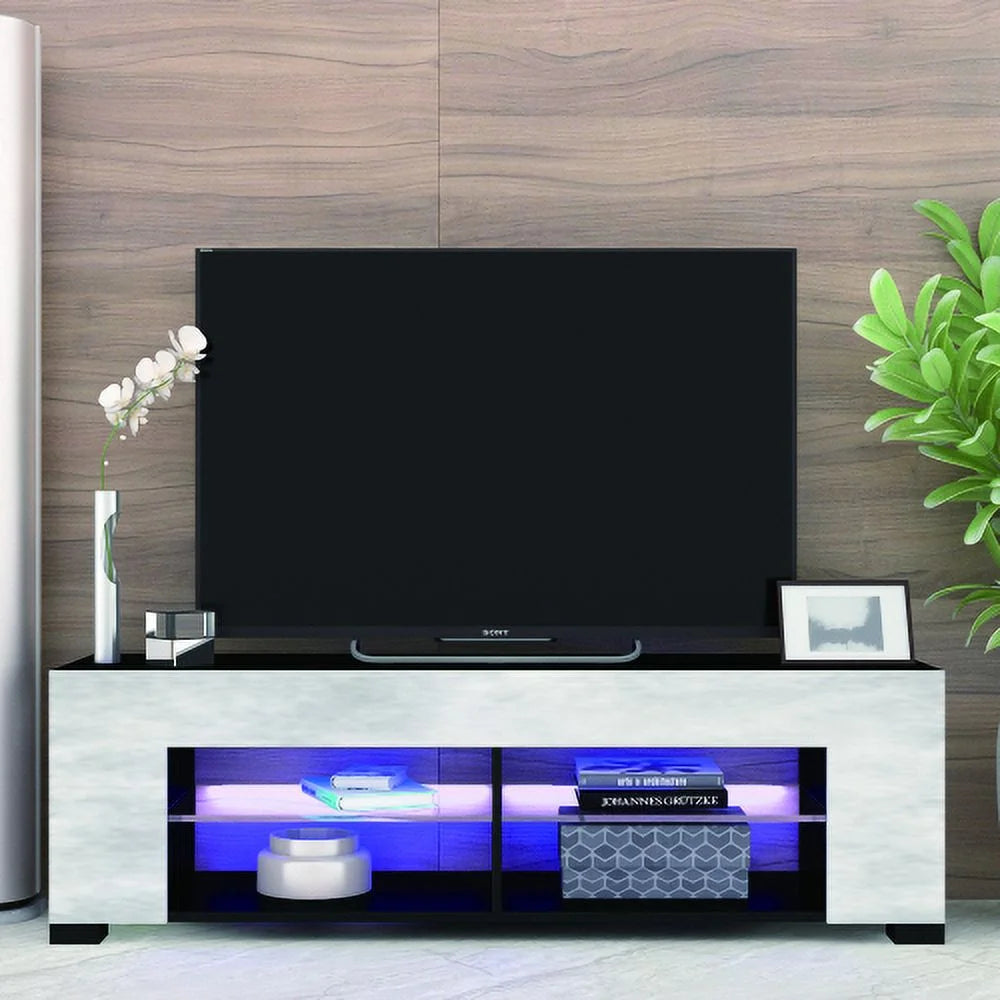 Black 57 Inch TV Stand with LED Lights and Glass Shelves I119