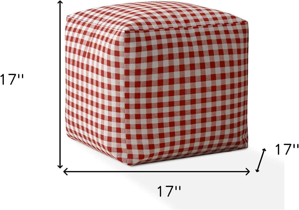 Red and White Cotton Gingham Pouf Ottoman K5502