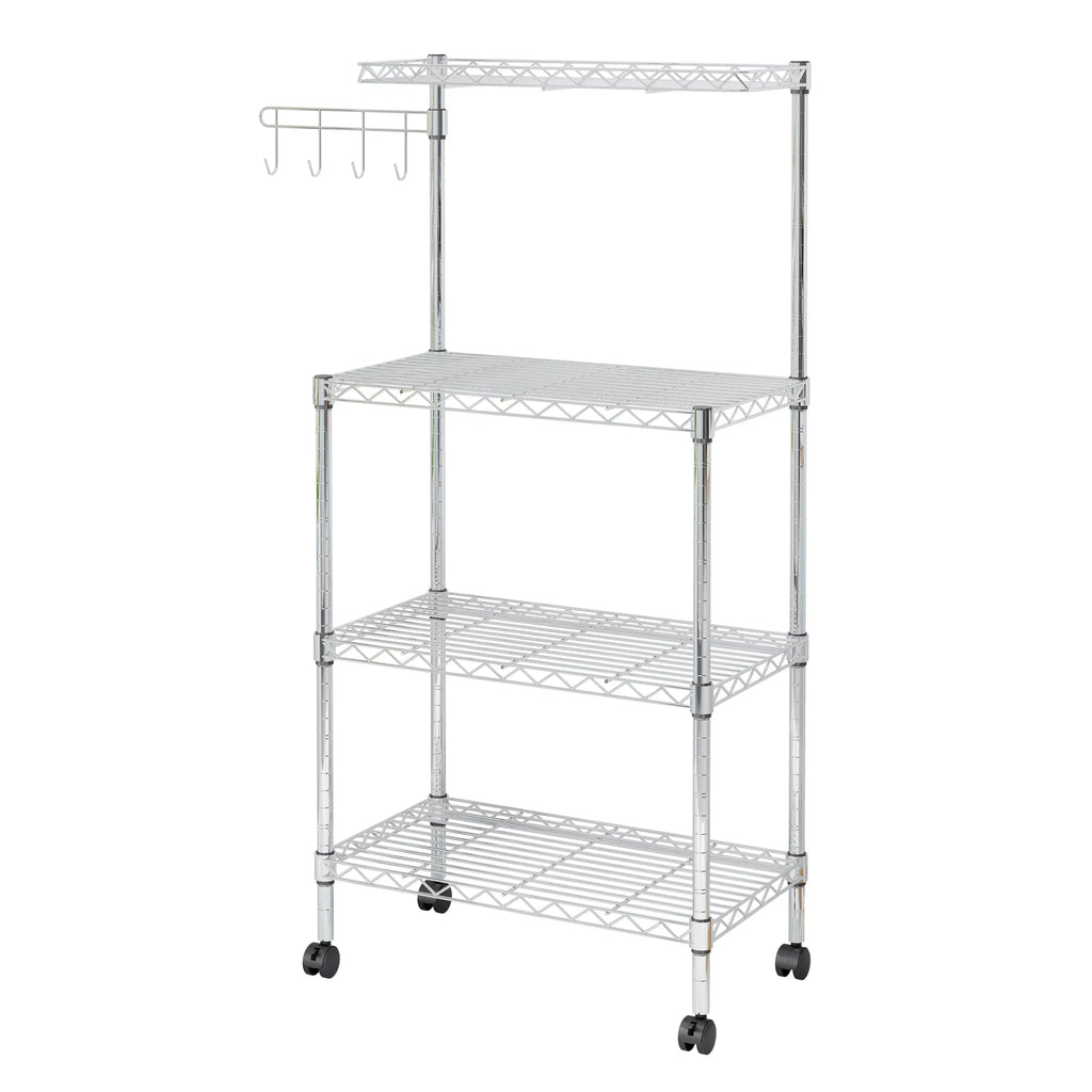 4-Tier Chrome Kitchen Storage Rack with Hanging Hooks Y778