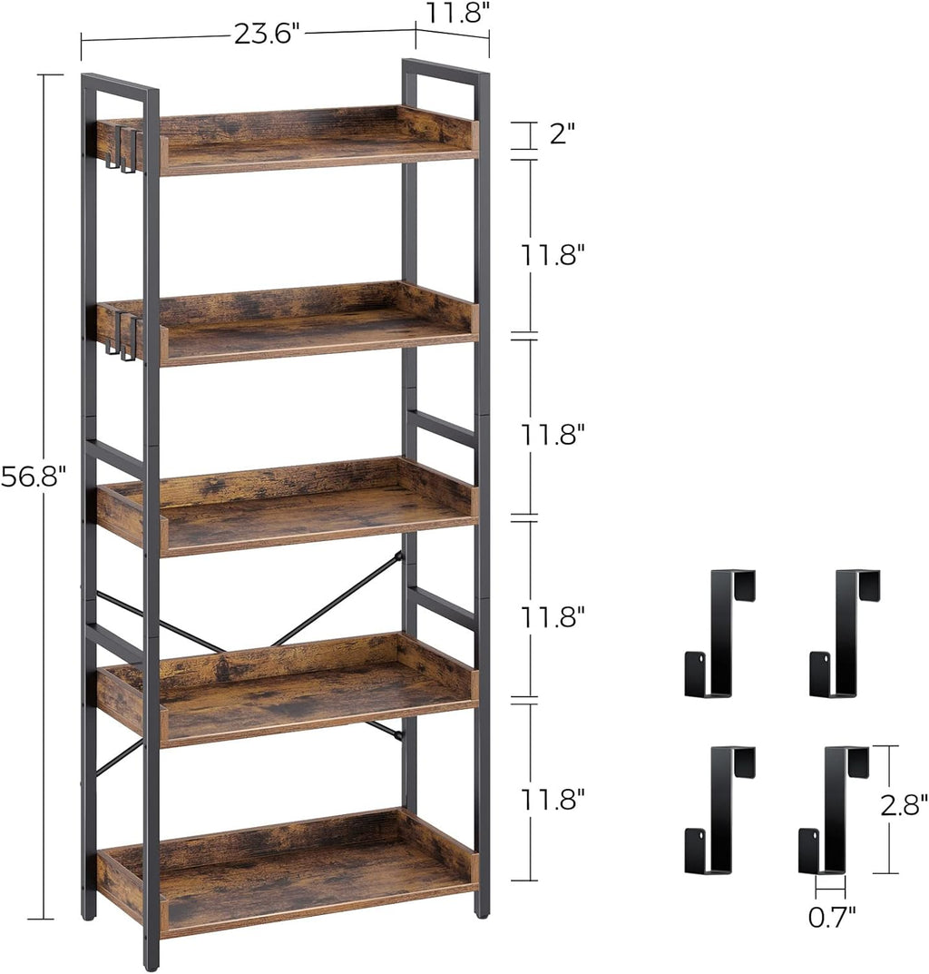 5 Tier Wood Bookshelf with 4 Hooks T41669