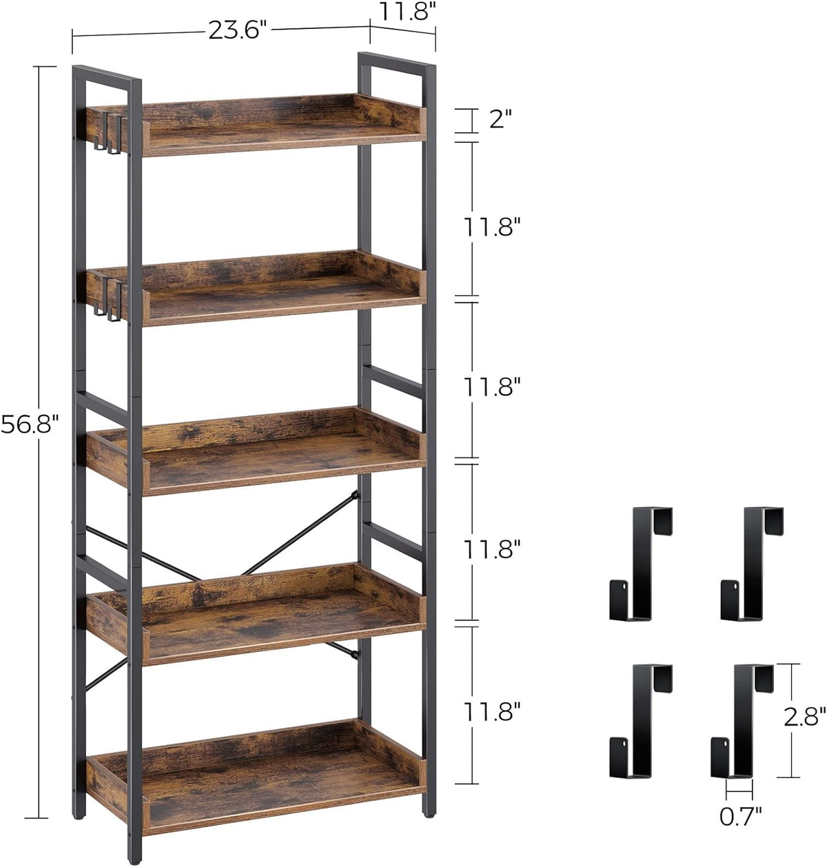 5 Tier Wood Bookshelf with 4 Hooks T41669