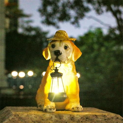 Resin Dog Statues with Straw Hat and Solar Led Lantern Z709745