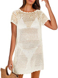 Crochet Hollow Out Knit Short Sleeve Beach Dress C4564