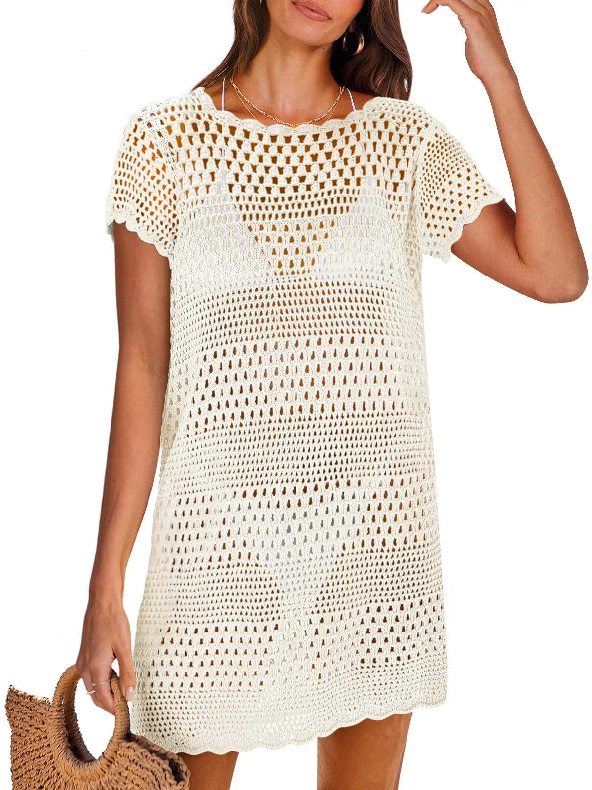Crochet Hollow Out Knit Short Sleeve Beach Dress C4564