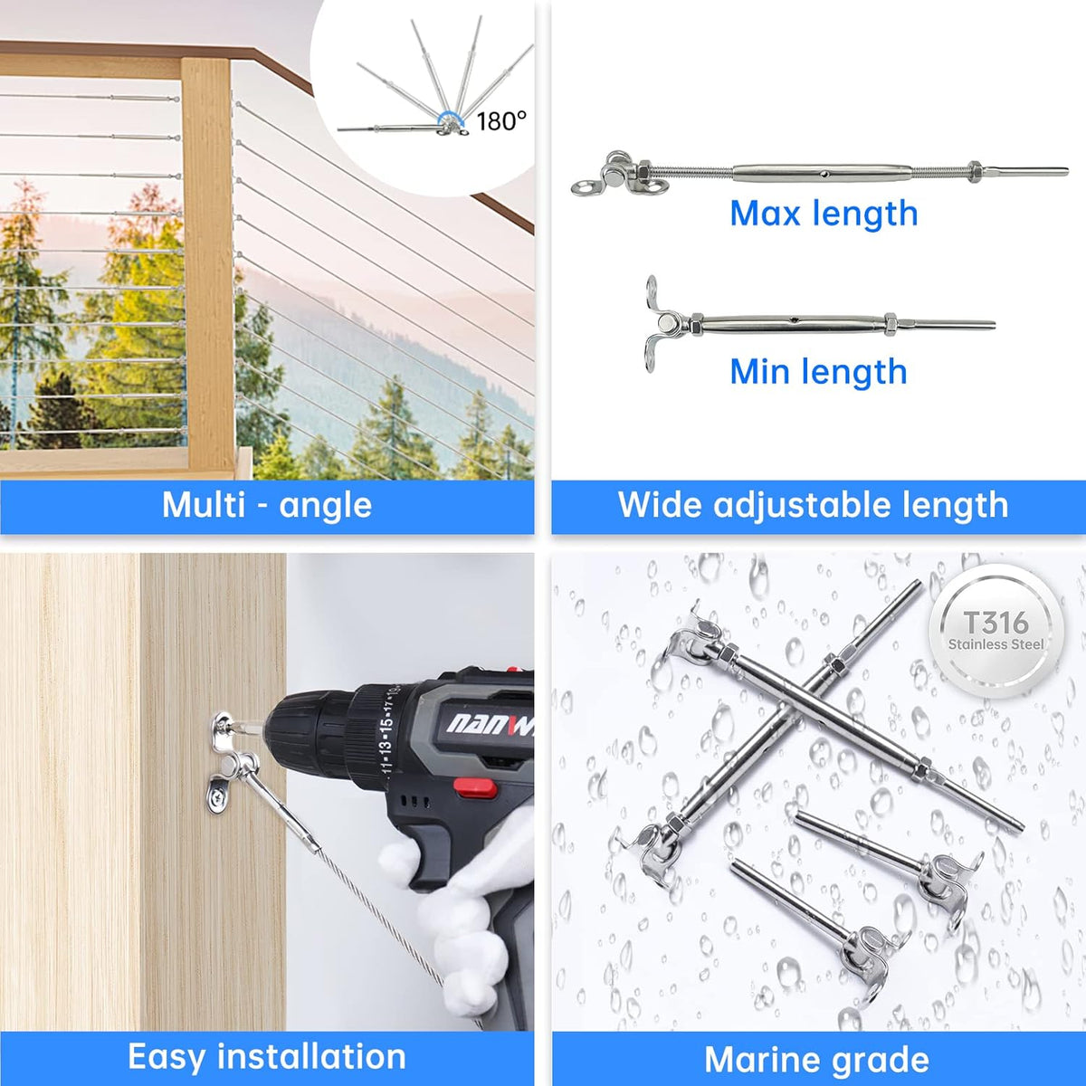 20 Set Cable Railing Kit 1/8 Swage Toggle Turnbuckle Hardware T316 Stainless Steel Angle 180° Adjustable J1271