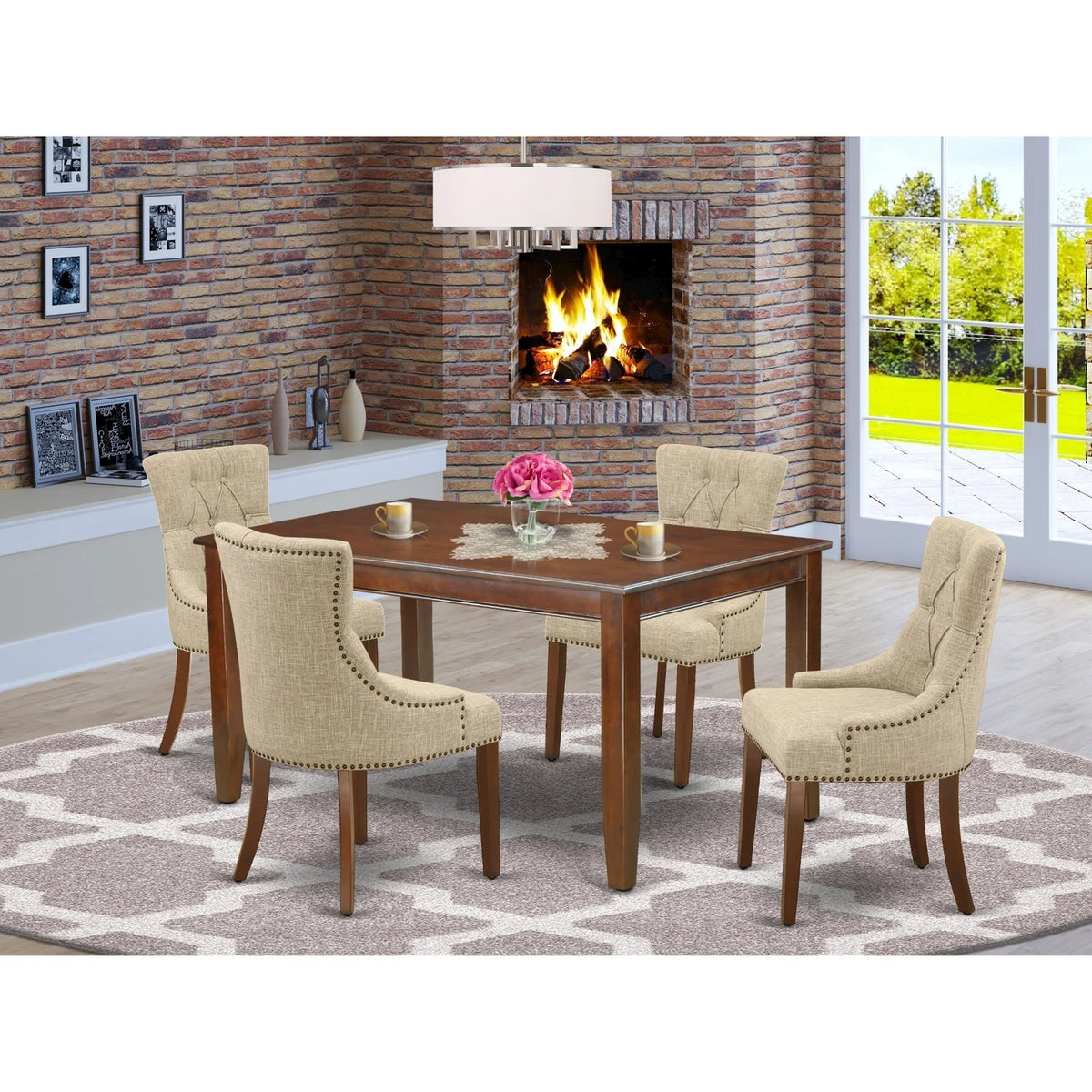 5 Pc Dining Set with Doeskin Fabric Mahogany Finish A95856