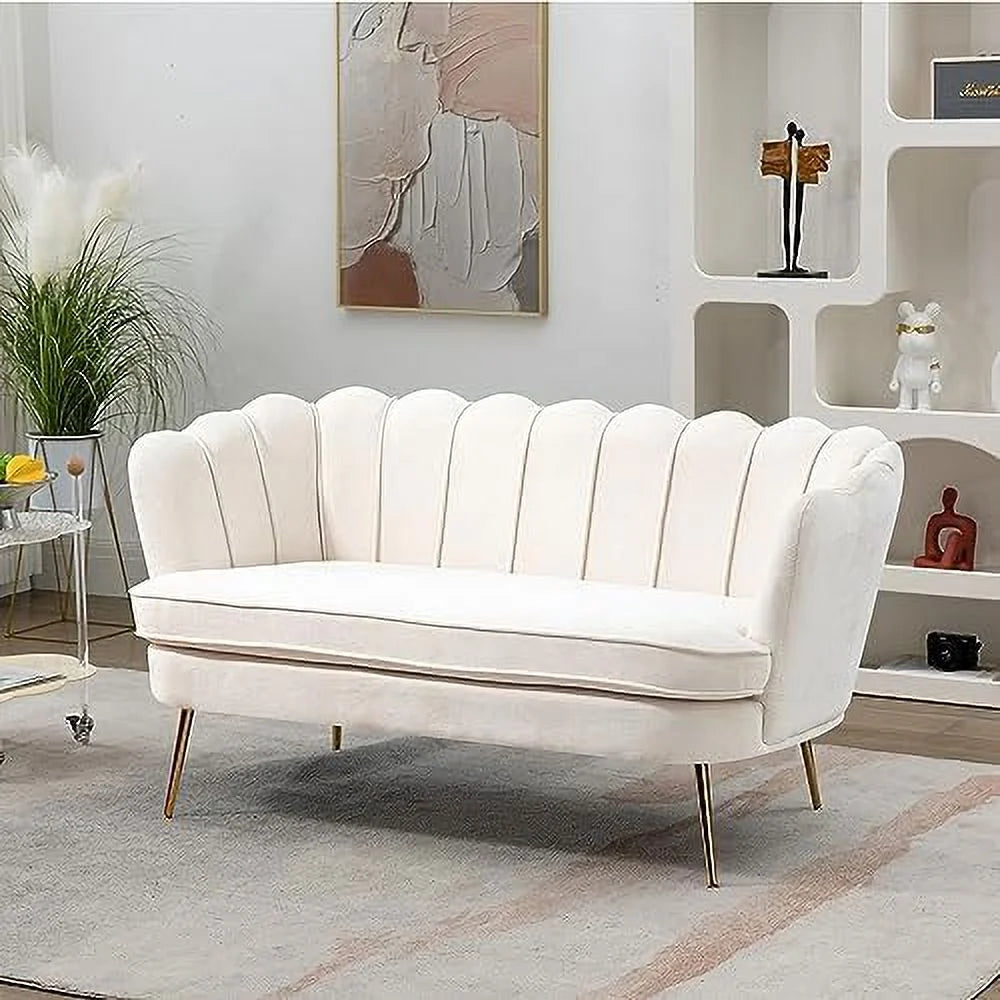 Ivory Boucle 2-Seater Loveseat Sofa with Gold Metal Legs Z494