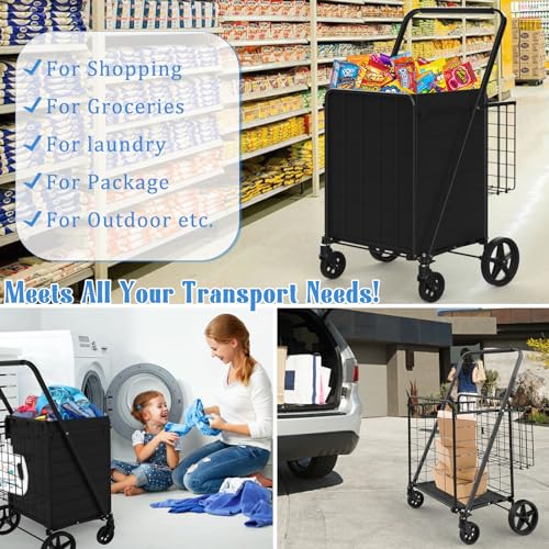 Heavy Duty Folding Shopping Cart with Double Basket, 360° Swivel Wheels, Waterproof Bag X86398