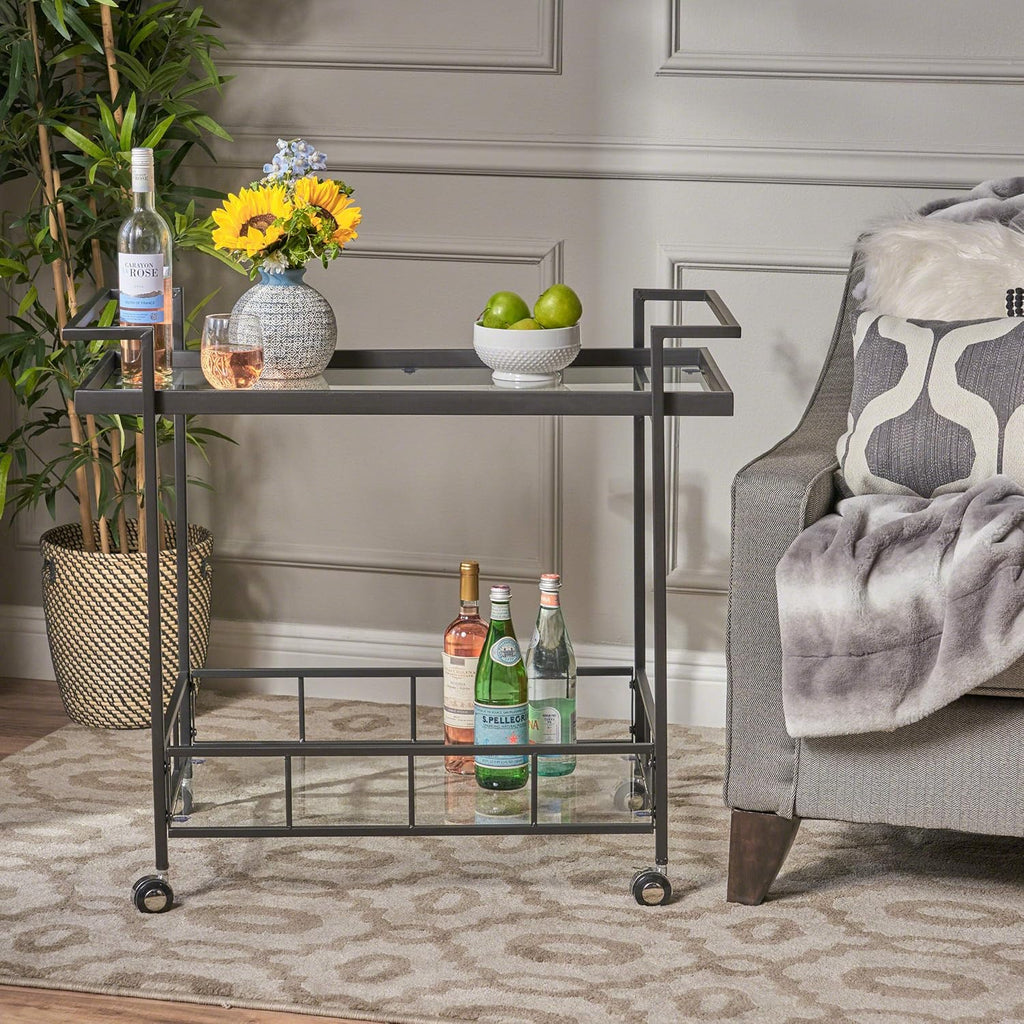 Black Industrial Iron Bar Cart with Tempered Glass Shelves H231