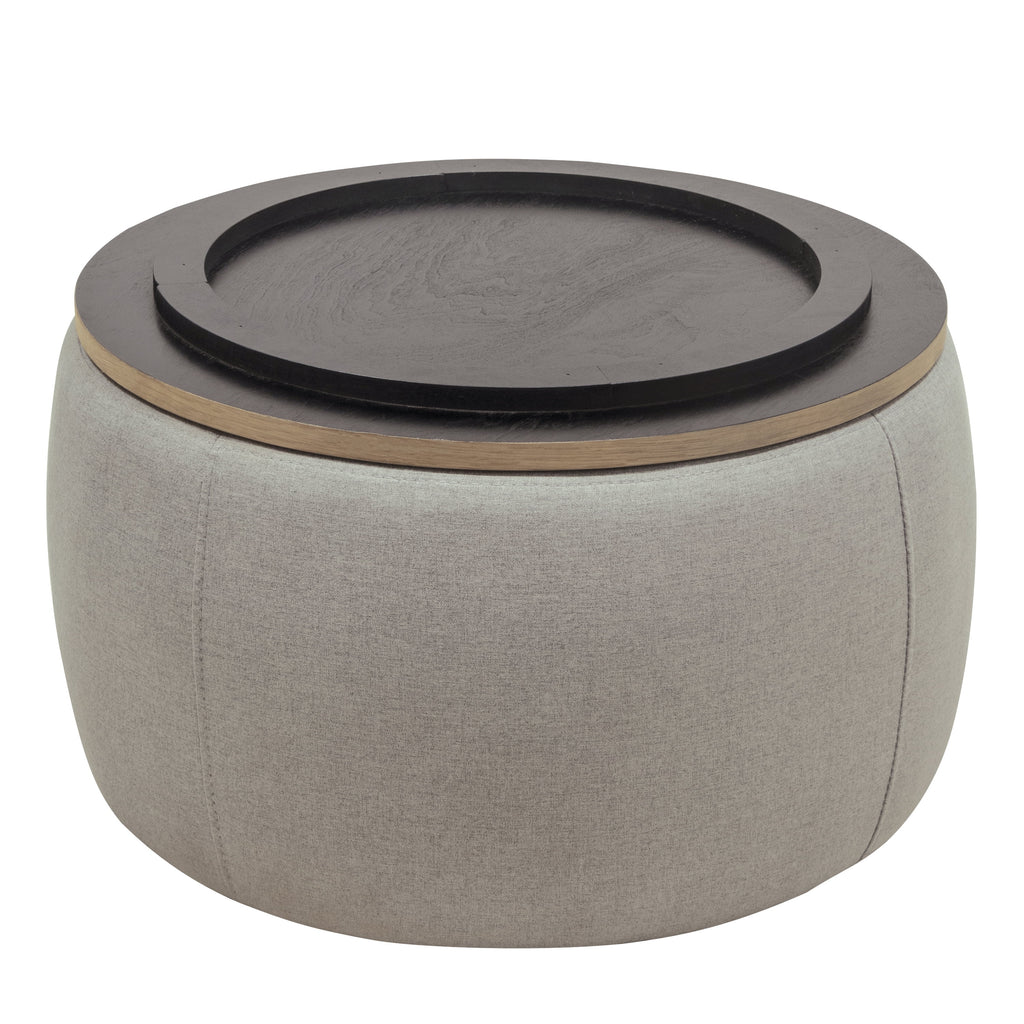 Grey Round Storage Ottoman with Wood Tray V3448