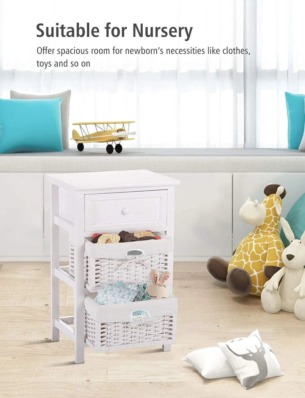 White 3 Tiers Nightstand with One Drawer 2 Baskets H4675