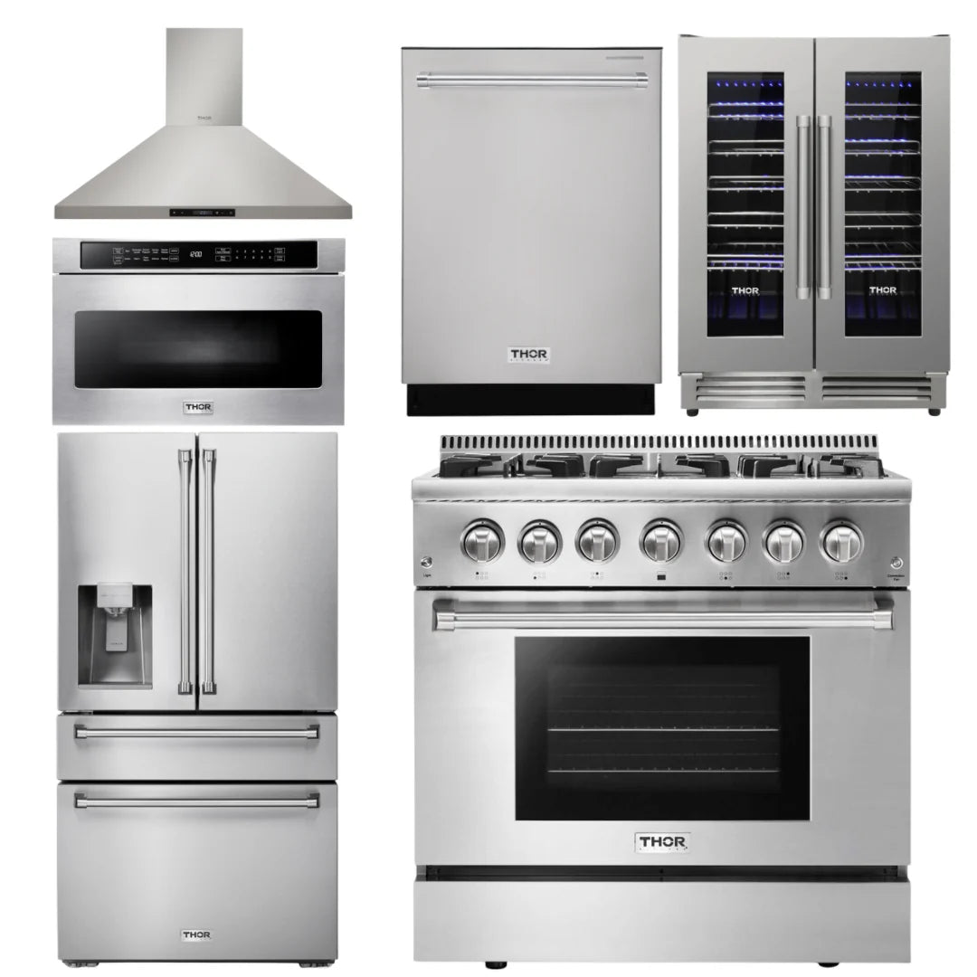 36 Propane Dual Fuel Range, Range Hood, Microwave, Refrigerator, Dishwasher, Wine Cooler J8488