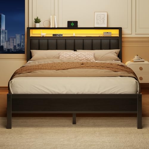 Full Size Bed Frame with Charging Station and LED Lights L186603