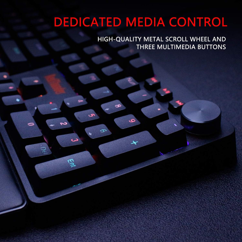 RedThunder K55 Mechanical Gaming Keyboard, Quiet Red Switch, Chroma RGB Lighting, Soft Leather Wrist-Rest, Standard Full Size Wired Keyboard with Dedicated Media Keys & Dial for PC M584